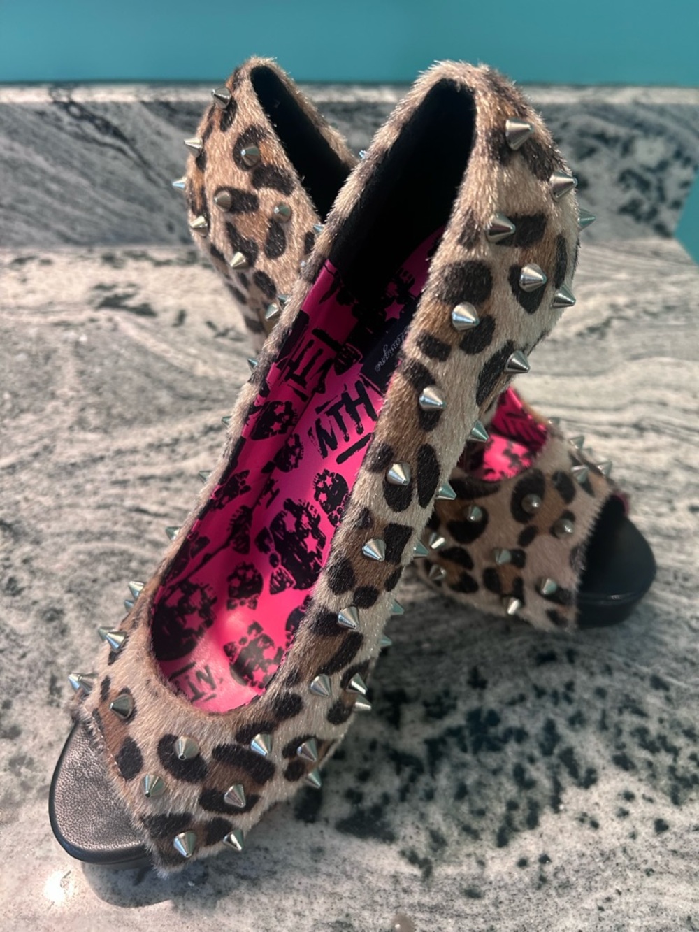 Abbey Dawn Leopard Print Studded Peep-Toe Heels - Brown